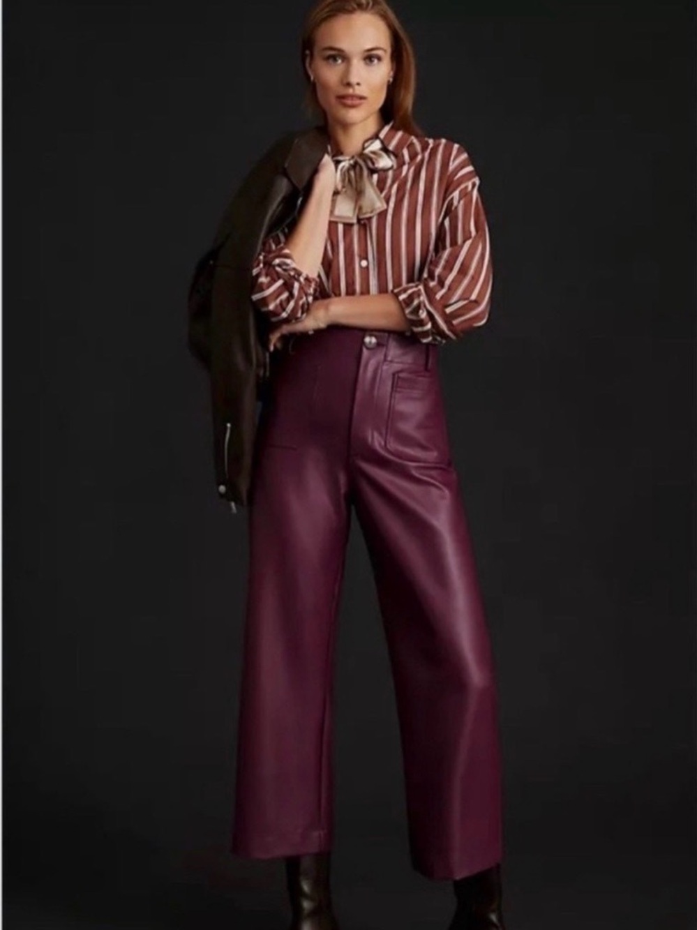 Maeve Colette Wide-Leg Faux Leather Pants - Burgundy